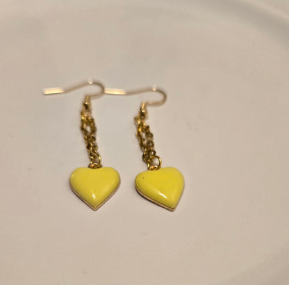 Sunshine Heart Earrings with yellow heart charms on gold-tone chains, view 3