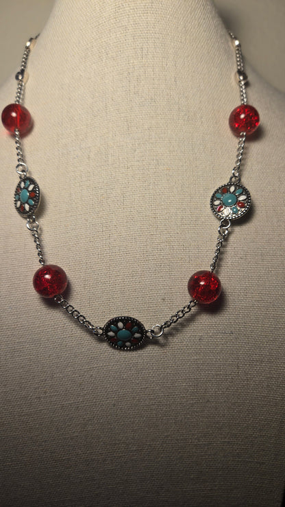 Turquoise & Red Ruby Classic Necklace with red beads and turquoise accents on a silver chain, view 2