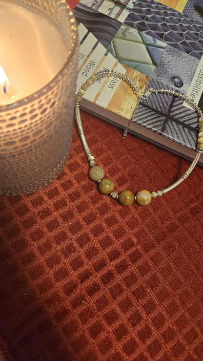Earth Harmony Beaded Bracelet with beige and brown stone beads and silver elements, view 2