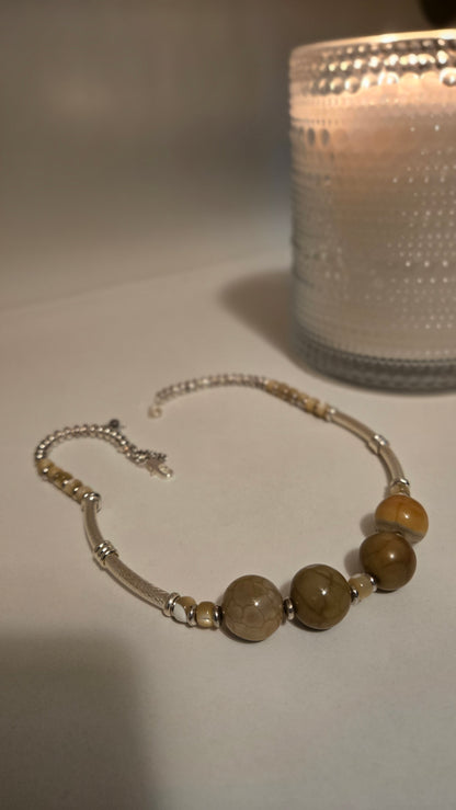 Earth Harmony Beaded Bracelet with beige and brown stone beads and silver elements, view 4