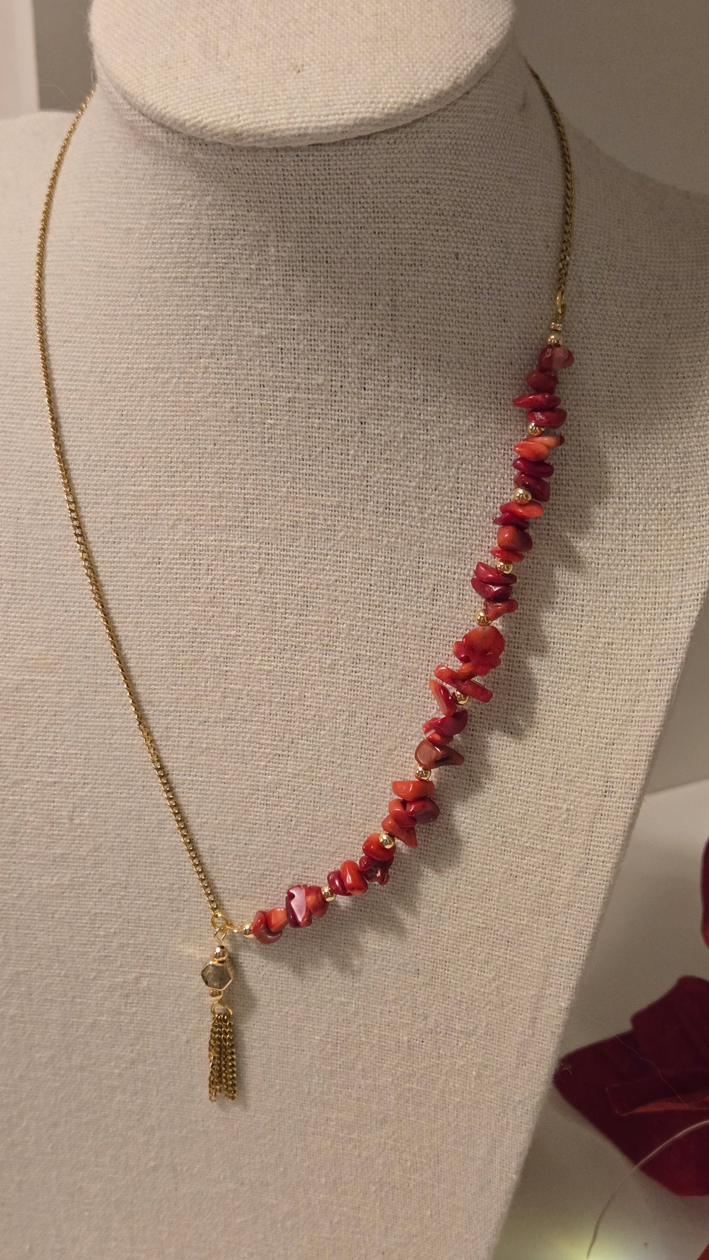 Genuine Crimson Agate gemstone detail on the handmade necklace