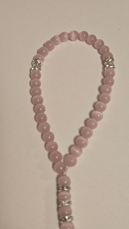 Blush Serenity Tasbih with blush pink beads, silver-tone accents and a tassel, view 6