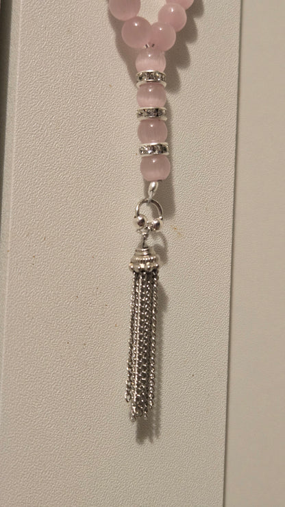 Blush Serenity Tasbih with blush pink beads, silver-tone accents and a tassel, view 7