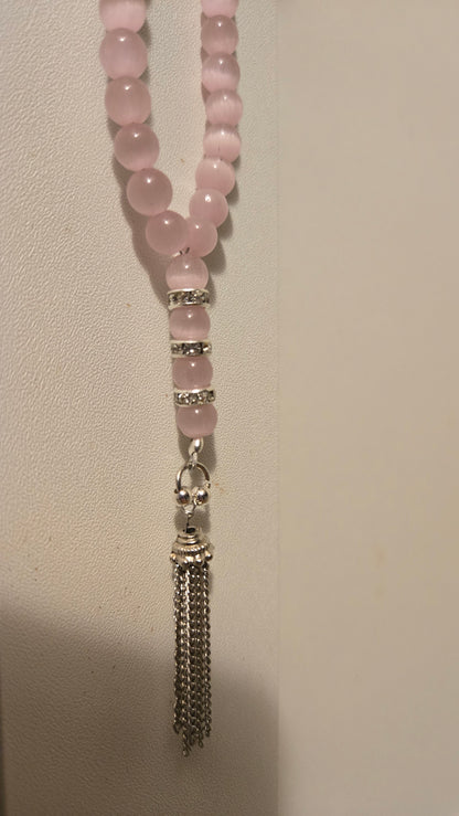 Blush Serenity Tasbih with blush pink beads, silver-tone accents and a tassel, view 8