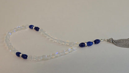 Crystal Serenity Tasbih with clear glass beads, blue accents and silver-plated spacers, view 17