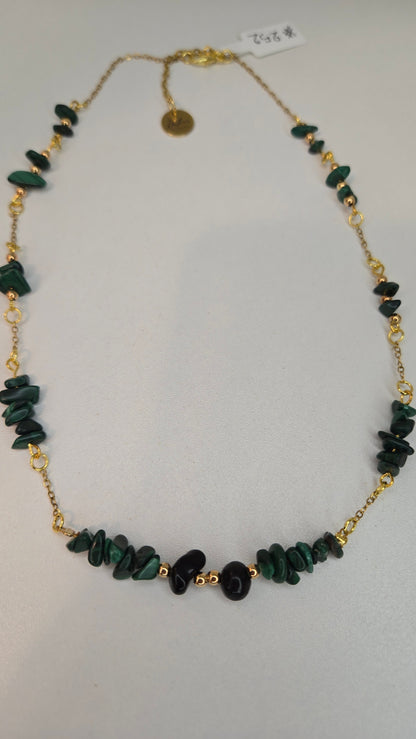 Green Harmony Necklace with dark green chip stones and black oval beads on gold-tone chain, view 3