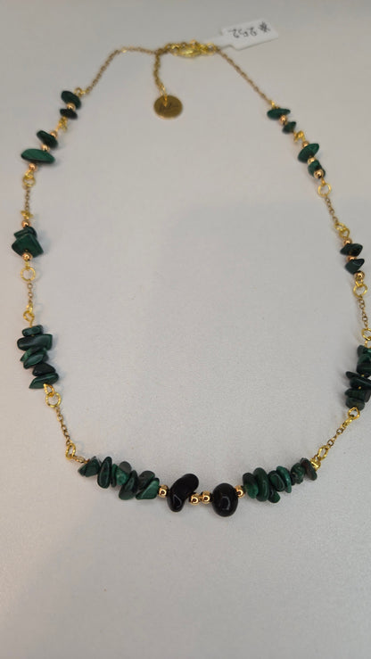 Green Harmony Necklace with dark green chip stones and black oval beads on gold-tone chain, view 4