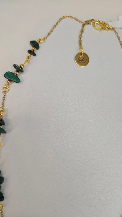 Green Harmony Necklace with dark green chip stones and black oval beads on gold-tone chain, view 7