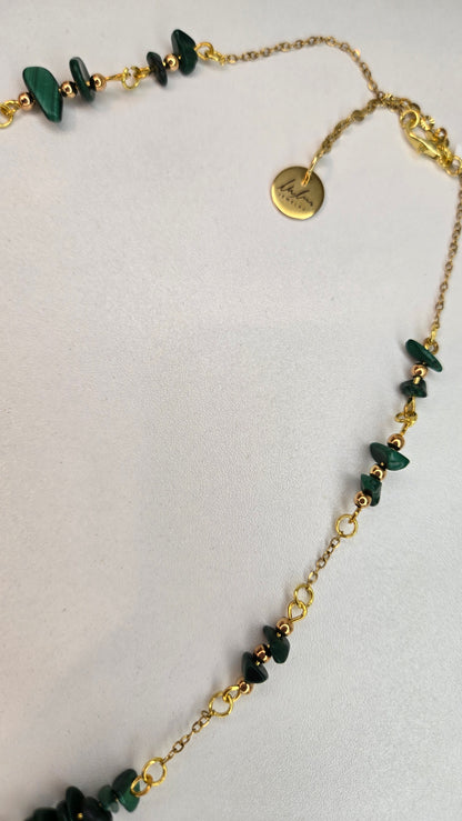 Green Harmony Necklace with dark green chip stones and black oval beads on gold-tone chain, view 8