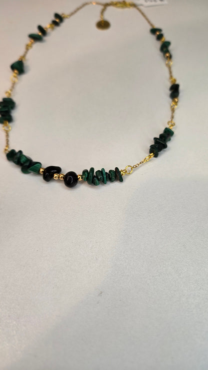 Green Harmony Necklace with dark green chip stones and black oval beads on gold-tone chain, view 10