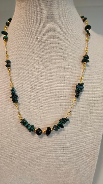 Green Harmony Necklace with dark green chip stones and black oval beads on gold-tone chain, view 13