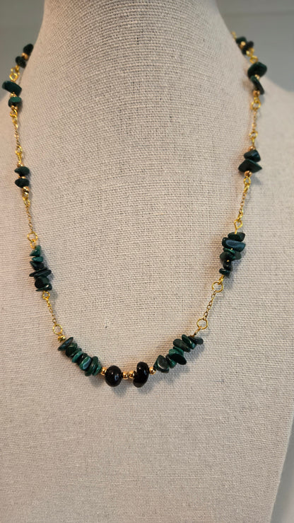 Green Harmony Necklace with dark green chip stones and black oval beads on gold-tone chain, view 14