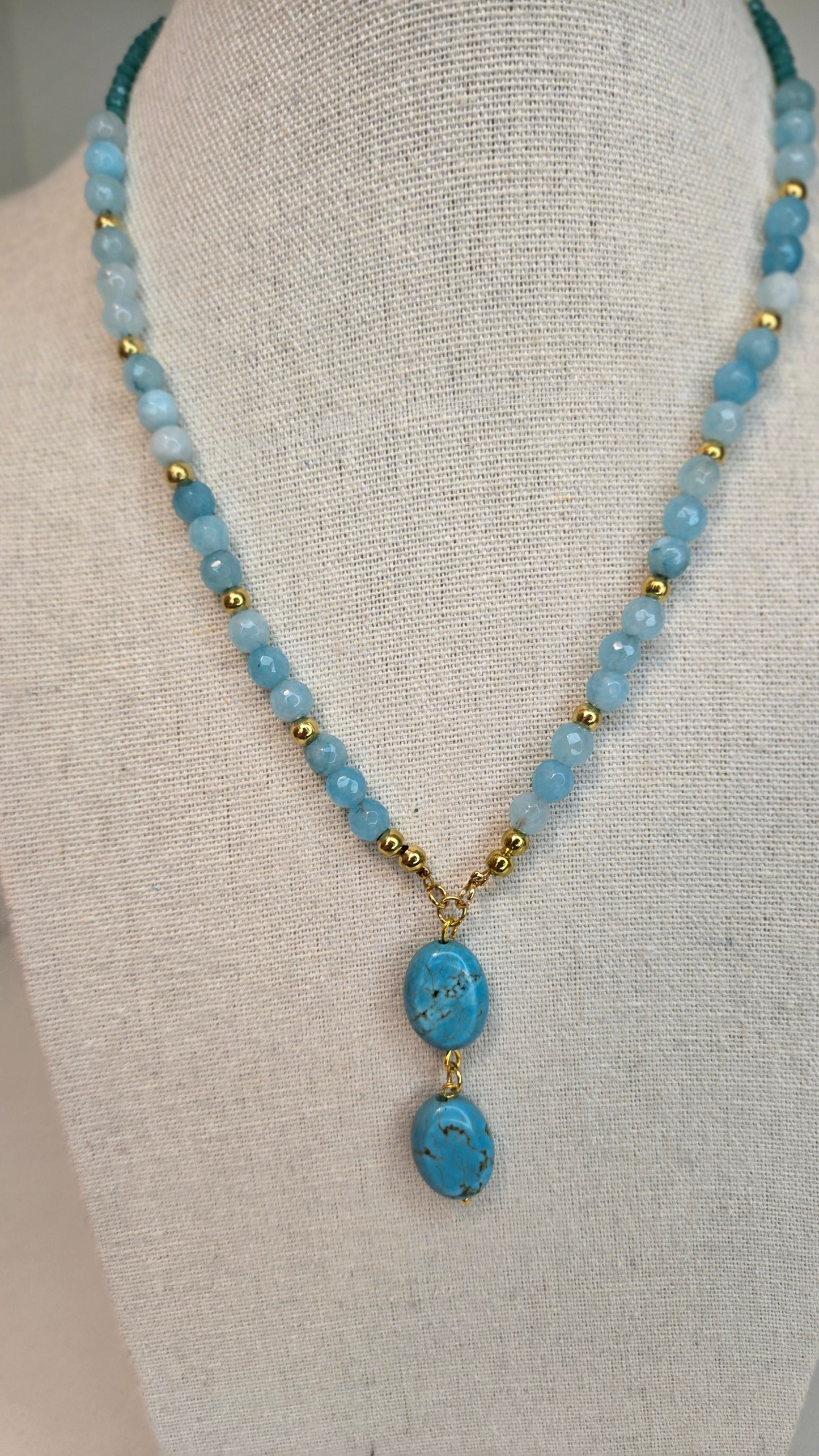 LuluTouch elegant handmade natural light blue quartz necklace with golden accents