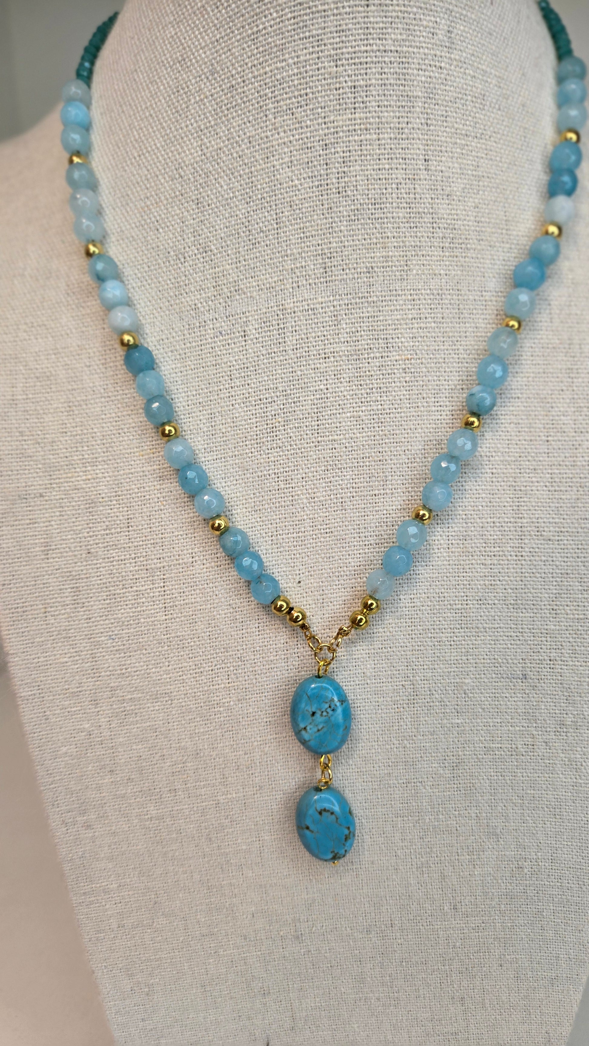 LuluTouch elegant handmade natural light blue quartz necklace with golden accents