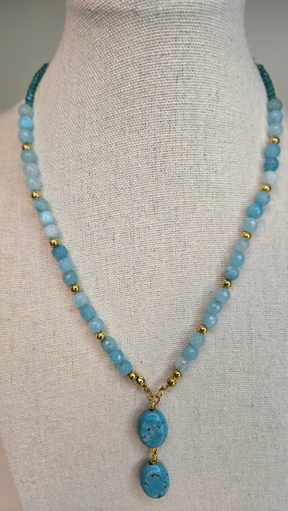 Light Blue Quartz Necklace with three drop-shaped stones and golden spacers, view 7