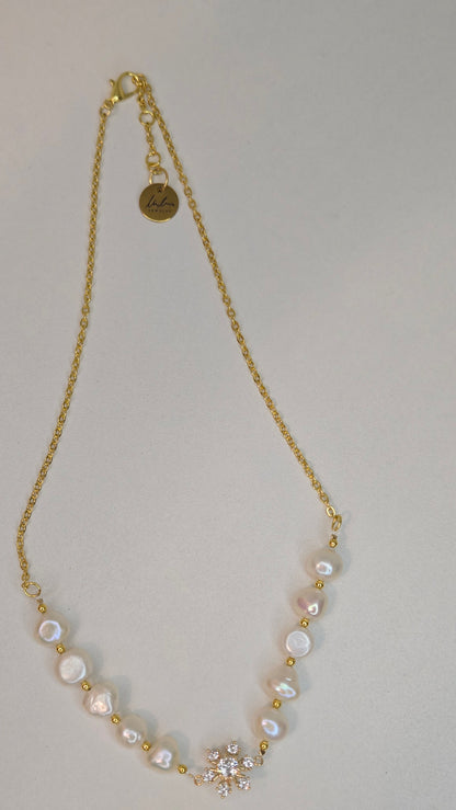 Pearl Blossom Gold-Tone Necklace with white bead accents and a floral centerpiece, view 4