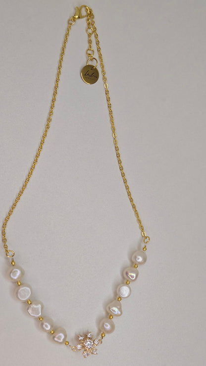 Pearl Blossom Gold-Tone Necklace with white bead accents and a floral centerpiece, view 7