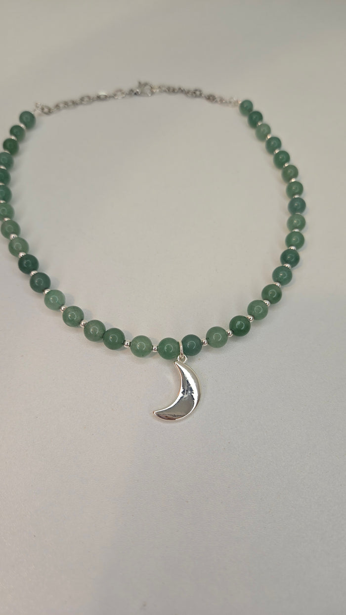 Serenity Moon Necklace with green beads and a silver crescent moon charm
