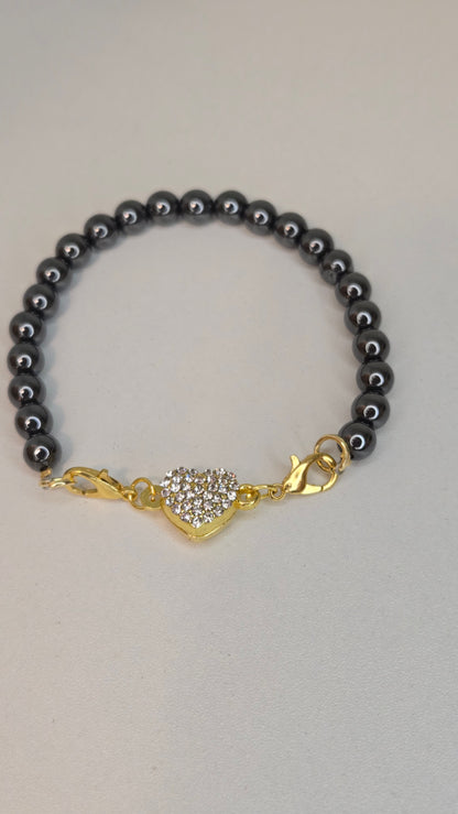 Hematite Heart Bracelet with polished heart-shaped hematite beads, view 3