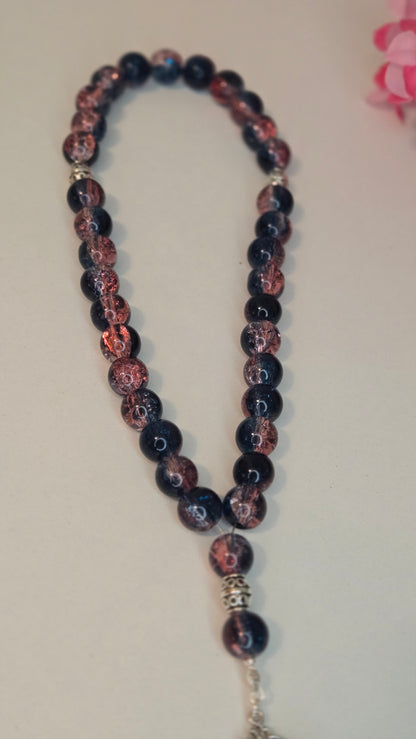 Midnight Bloom Prayer Beads with blue and rose marbled beads and an ornate charm, view 5