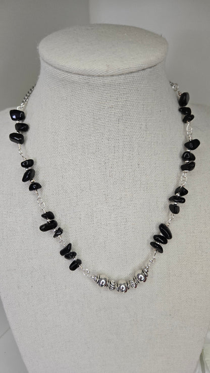 Silver Shadow Necklace with dark beads and soft metallic accents, view 2