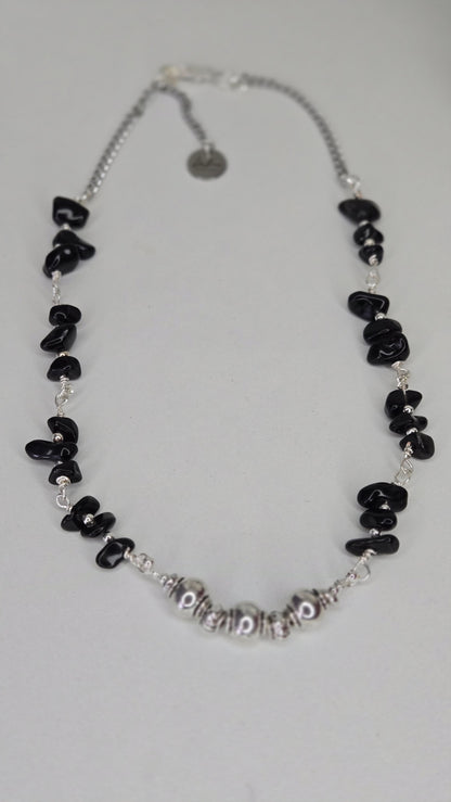 Silver Shadow Necklace with dark beads and soft metallic accents, view 6