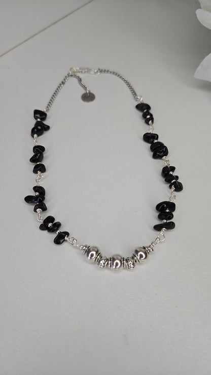 Silver Shadow Necklace with dark beads and soft metallic accents, view 7