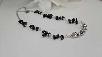 Silver Shadow Necklace with dark beads and soft metallic accents, view 10