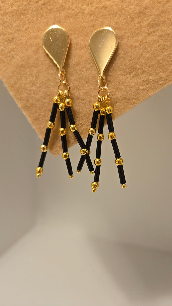 Midnight Elegance Earrings, gold-tone teardrop tops with black beaded strands