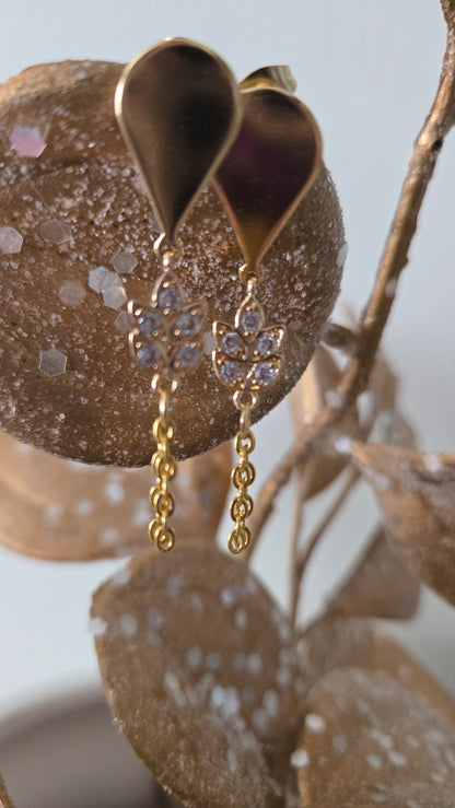 Golden Leaf Drop Earrings in gold-tone stainless steel with sparkling leaves and chains, view 3