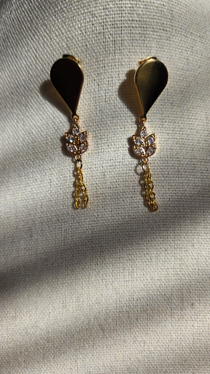 Golden Leaf Drop Earrings in gold-tone stainless steel with sparkling leaves and chains, view 4