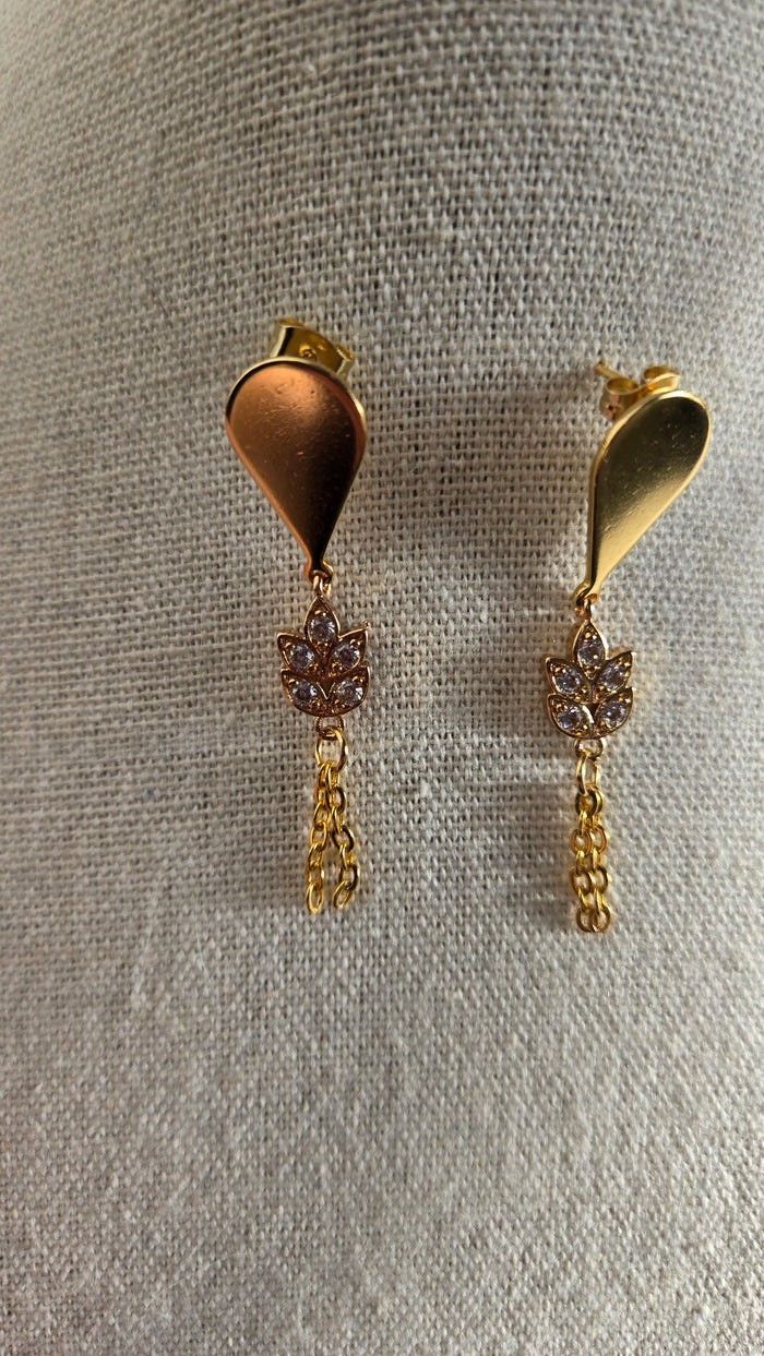 Golden Leaf Drop Earrings in gold-tone stainless steel with sparkling leaves and chains