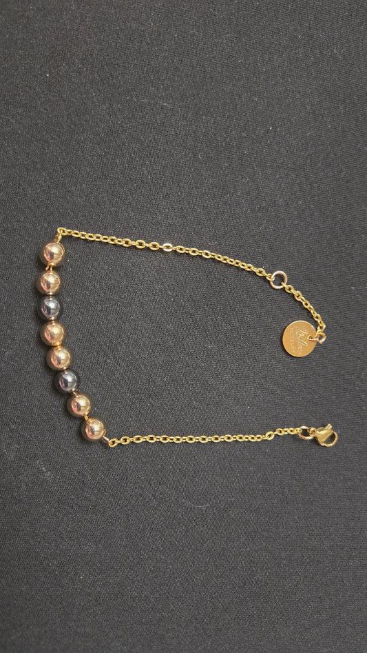 Mixed-Tone Bracelet with gold-tone chain, metallic beads and a round charm, view 2