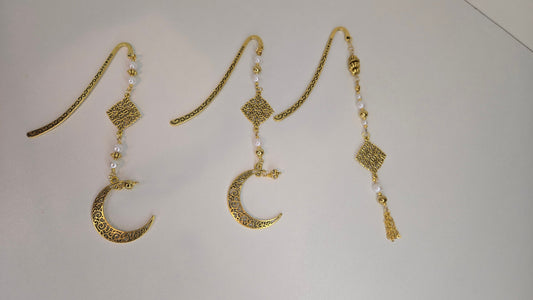 Moon Whisper Bookmark with an engraved crescent, ornamental centerpiece and white pearls, view 2