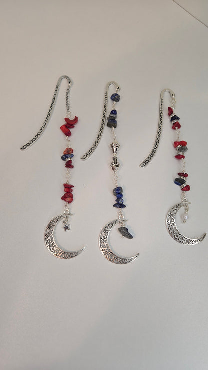 Lapis & Coral Moon Crescent Earrings with silver-tone crescents and colorful beads