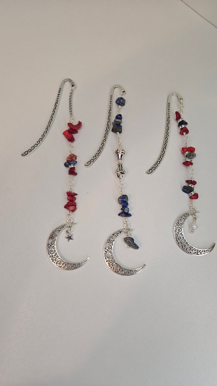 Lapis & Coral Moon Crescent Earrings with silver-tone crescents and colorful beads