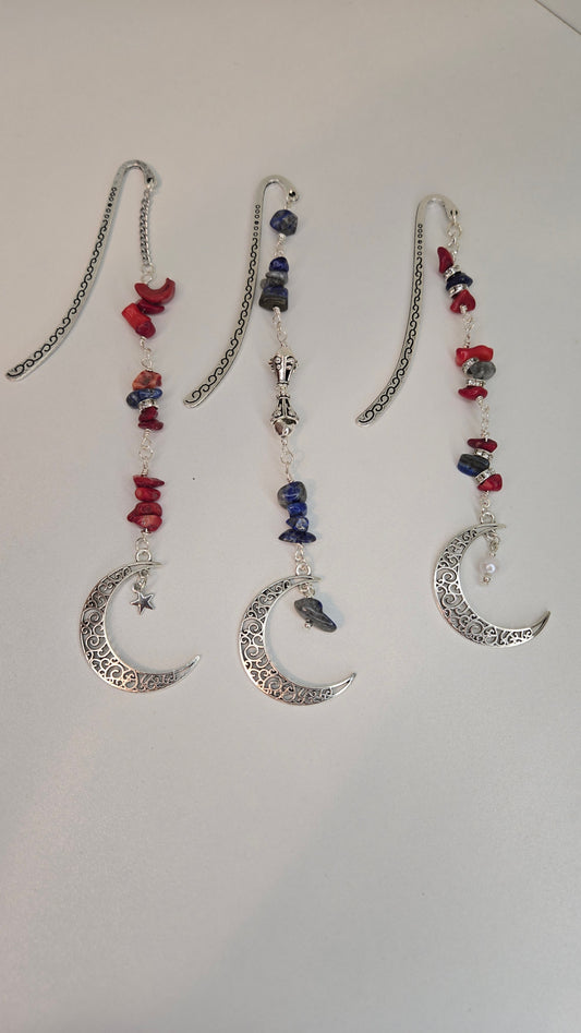 Lapis & Coral Moon Crescent Earrings with silver-tone crescents and colorful beads, view 2