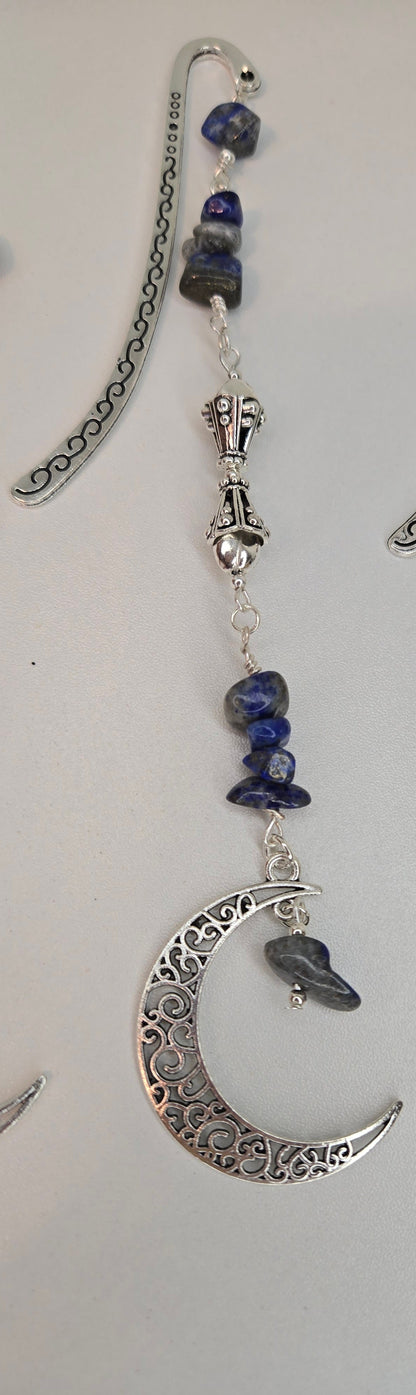 Lapis & Coral Moon Crescent Earrings with silver-tone crescents and colorful beads, view 4