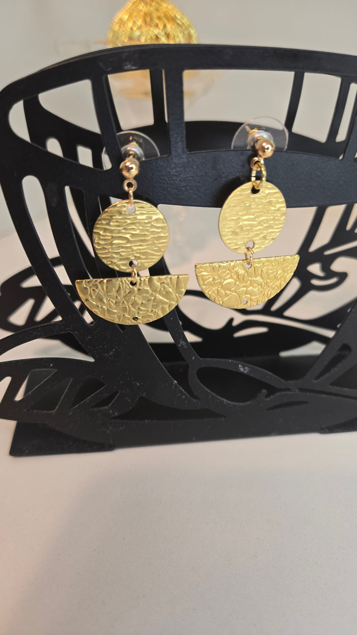 Golden Whispers Engraved Drop Earrings with engraved gold-tone discs