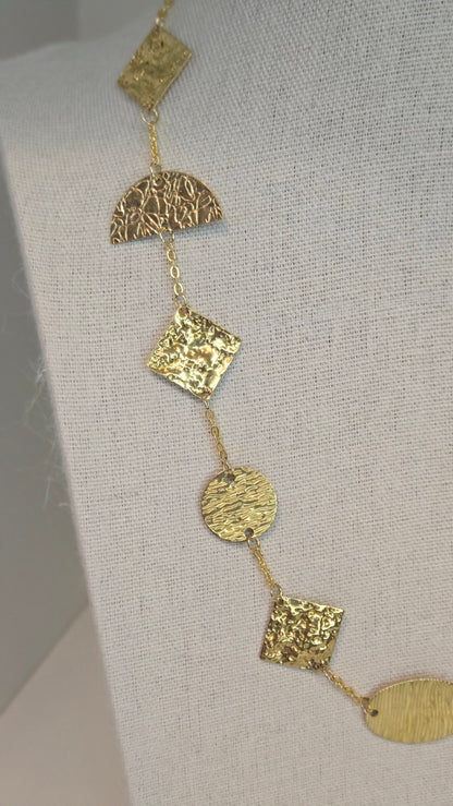 Golden Geometry Necklace with hammered gold-tone circles, half-circles and squares, view 2