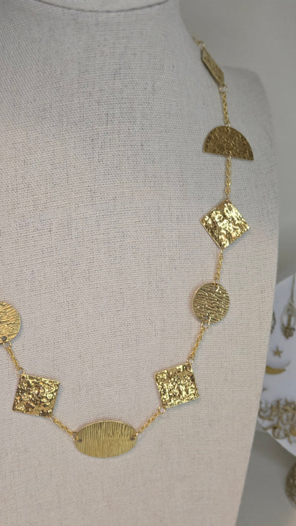 Golden Geometry Necklace with hammered gold-tone circles, half-circles and squares, view 3