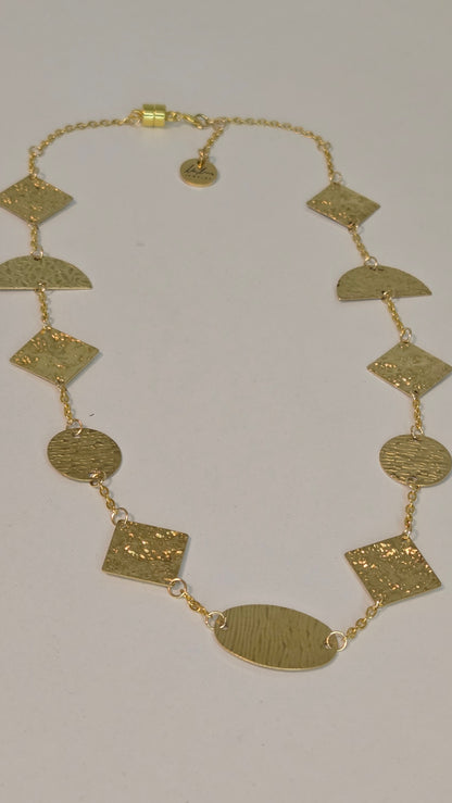 Golden Geometry Necklace with hammered gold-tone circles, half-circles and squares, view 4