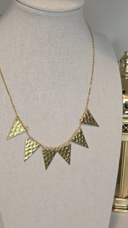 Golden Flames Necklace with hammered gold-plated triangle pendants on a chain, view 3