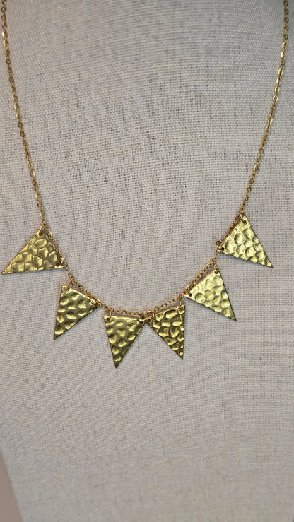 Golden Flames Necklace with hammered gold-plated triangle pendants on a chain, view 4