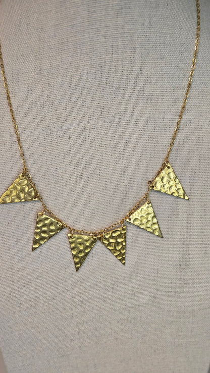Golden Flames Necklace with hammered gold-plated triangle pendants on a chain, view 5