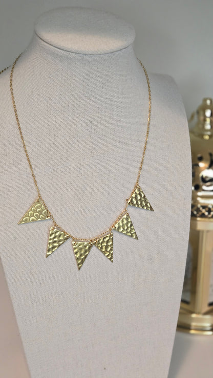 Golden Flames Necklace with hammered gold-plated triangle pendants on a chain, view 6