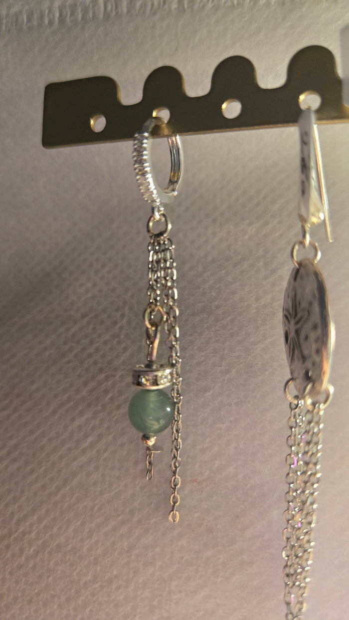 Emerald Chain Drop Earrings with a soft green stone and silver chains