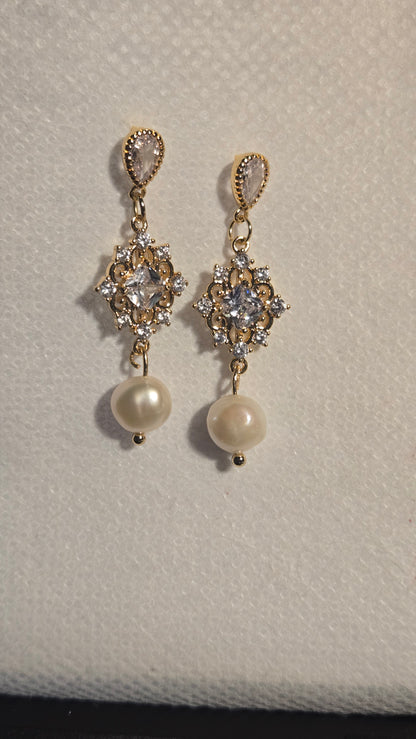 Pearl Radiance Drop Earrings with gold-tone filigree, clear stones and white pearl drops, view 2