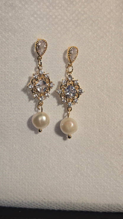 Pearl Radiance Drop Earrings with gold-tone filigree, clear stones and white pearl drops, view 4