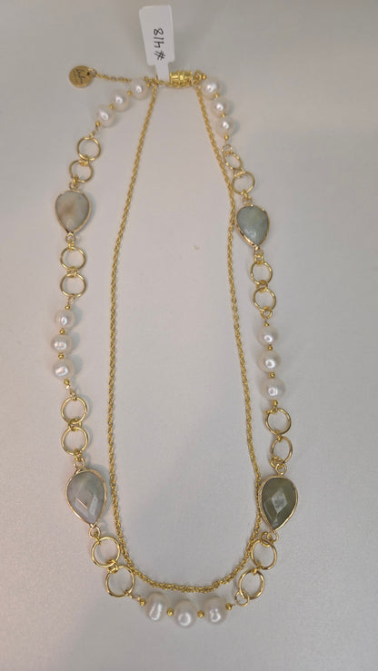 Pearl Agate Necklace with polished agate stones and pearls, view 2